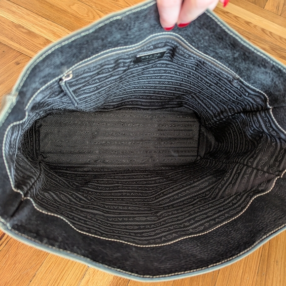 Prada dark olive green canvas and black leather shoulder bag - Picture 15 of 17